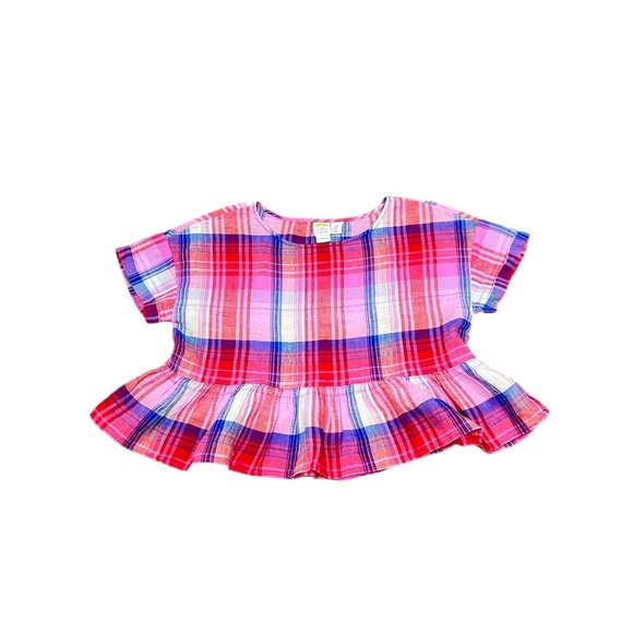 C&C California Colorful pink Plaid Peplum short sleeve linen Blouse size large - Picture 2 of 9